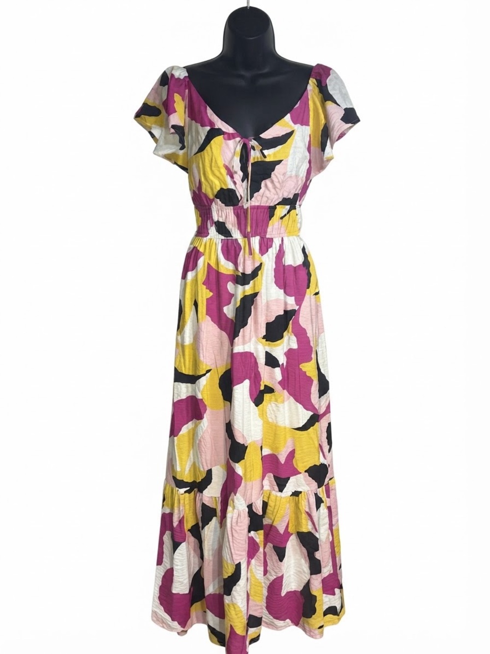 Nine West Pink Yellow Black White Abstract Maxi Dress medium